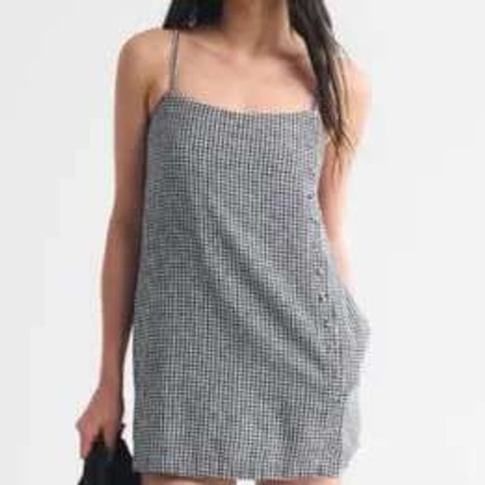 Abercrombie & Fitch Women Mini Dress XS Black Gingham Linen Blend Side Button